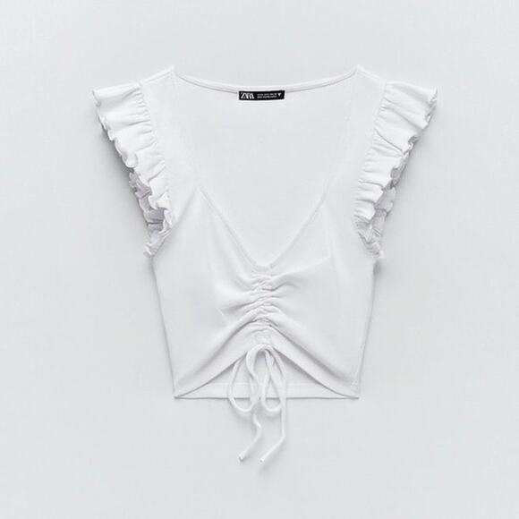 Zara White Ruffle Sleeve Ribbed Knit Ruched Stretch Deep V Crop Blouse Top Sz S - Picture 3 of 9